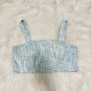 Coquette Flirty Blue and White Plaid Tweed Fringe Hem Crop Top